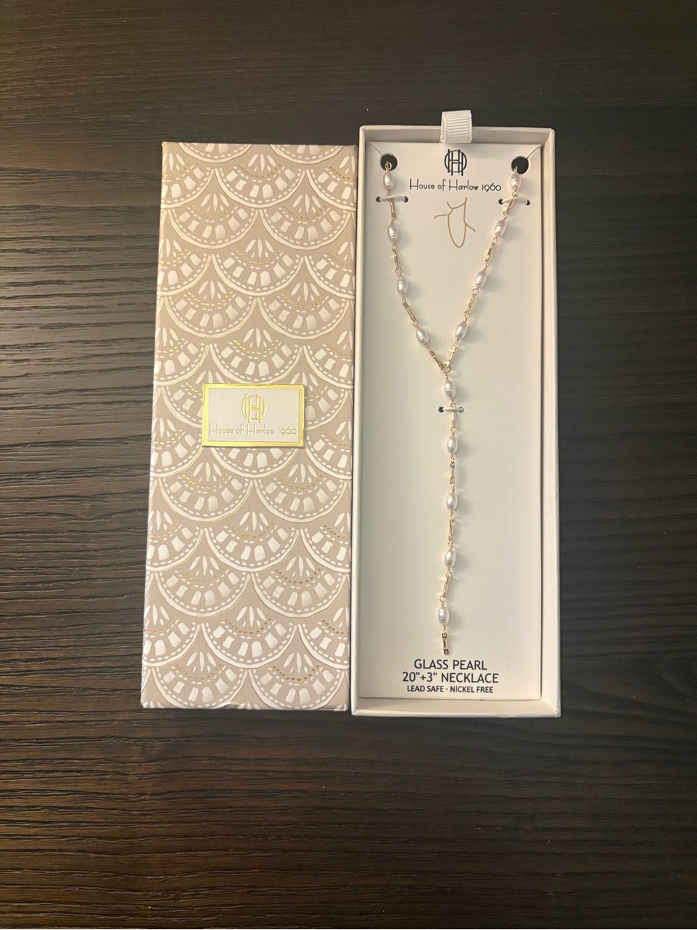 NEW House of Harlow 1960 Gold and Glass Pearl Lariat Necklace